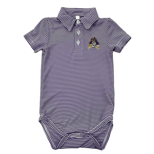 Purple and white striped ECU polo onesie with pirate logo on chest.