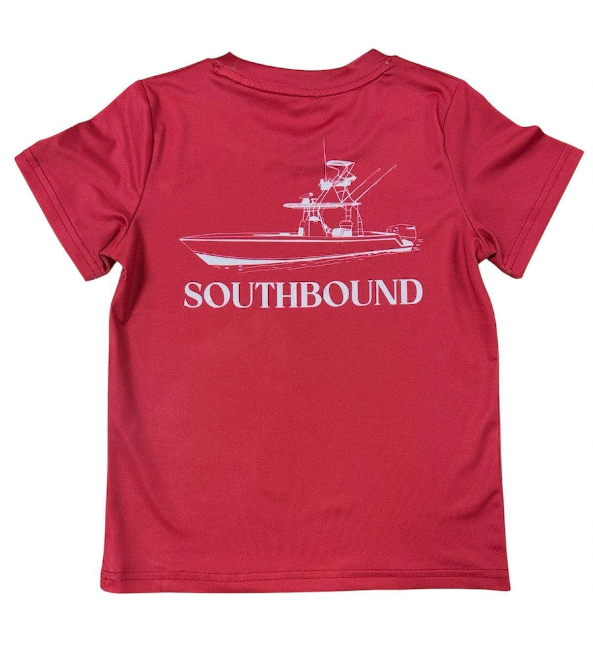 Red t-shirt with a white boat graphic and 'SOUTHBOUND' text on a white background