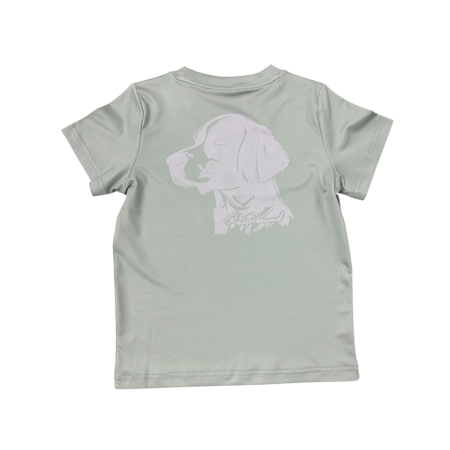 Light green t-shirt with a dog graphic on the back against a white background