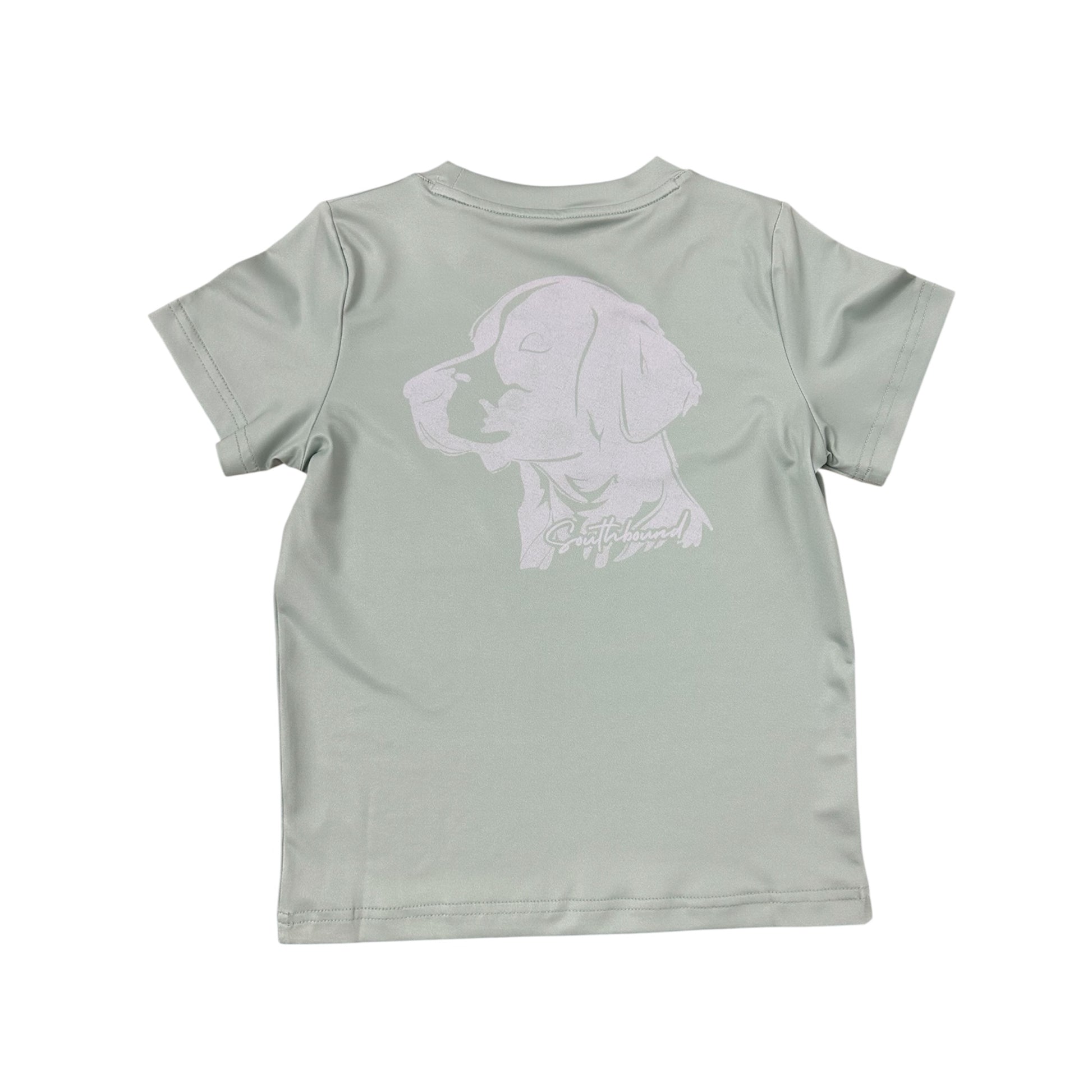 Light green t-shirt with a dog graphic on the back against a white background