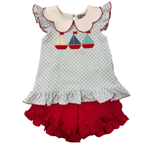 Children's short set with blue and white checkered pattern and red ruffled shorts 