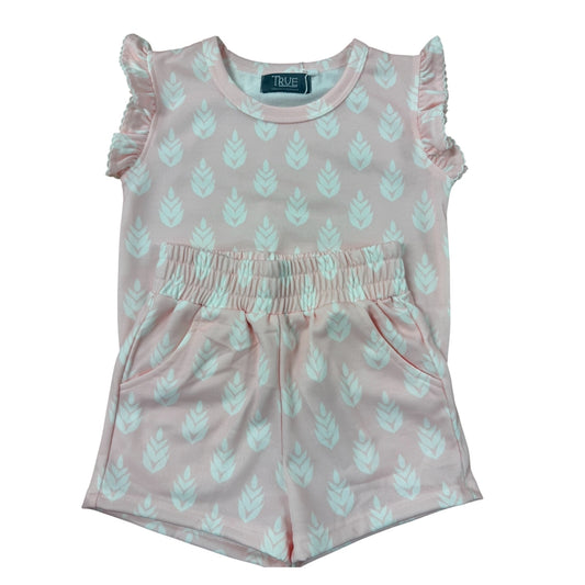 Pink two piece short set with a white leaf pattern 