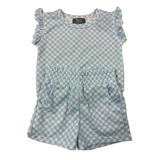Blue and white checkered romper with ruffled sleeves 