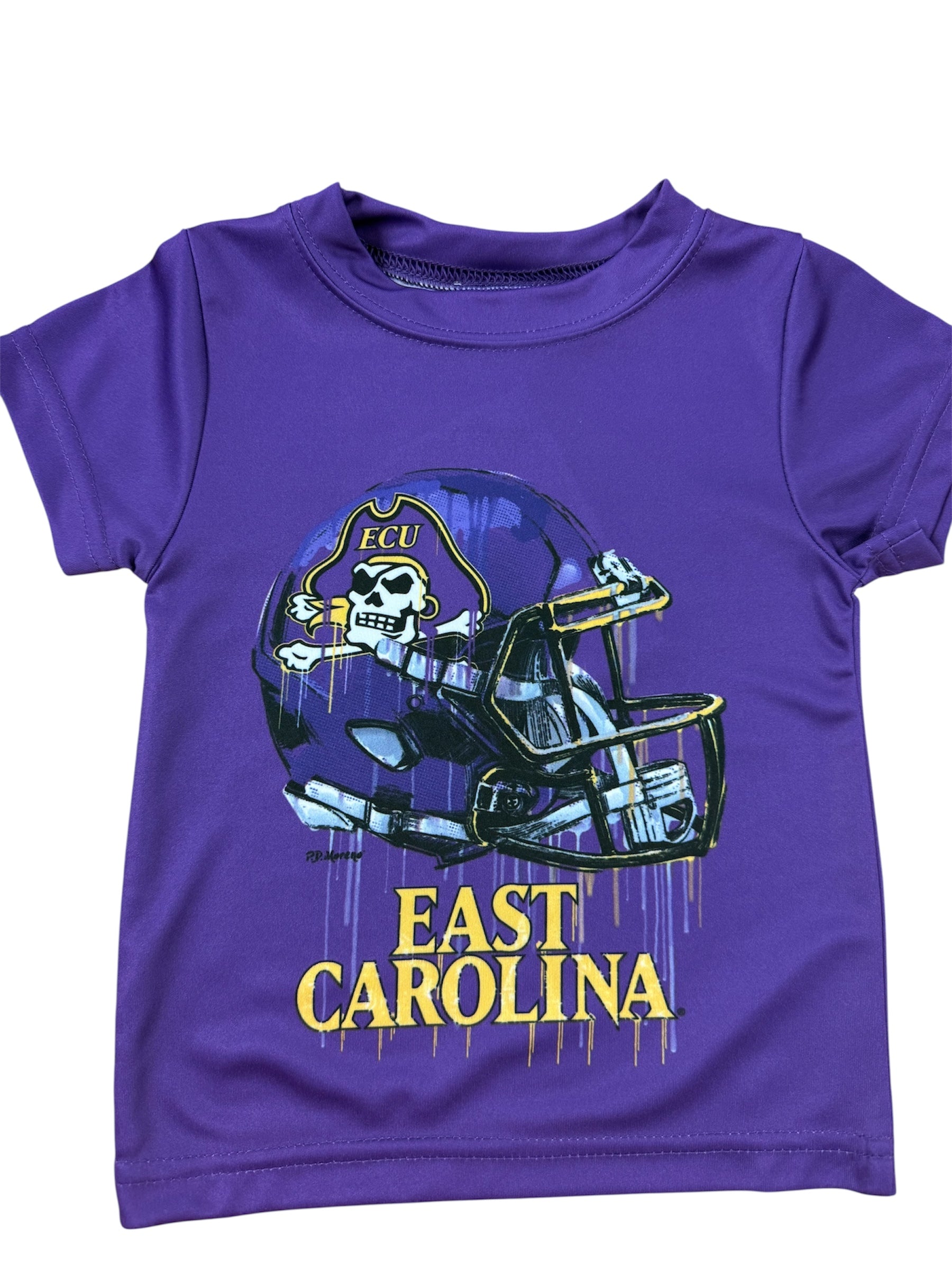 Purple t-shirt with a football helmet graphic and 'East Carolina' text on a white background