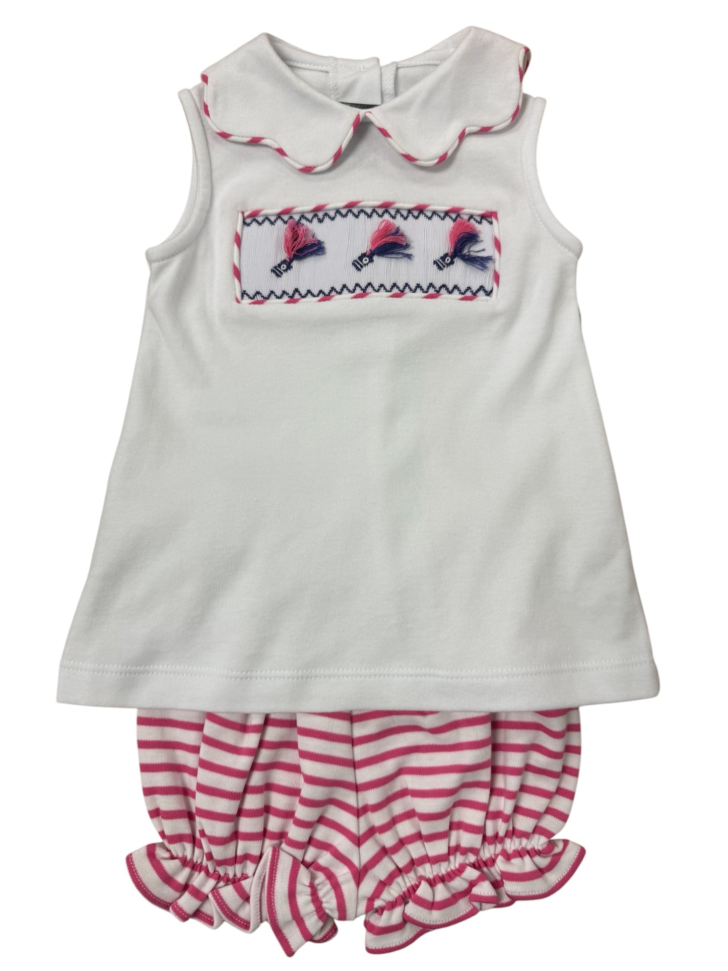 White bloomer set with pink and navy fishing lures and pink and white striped bloomer shorts 