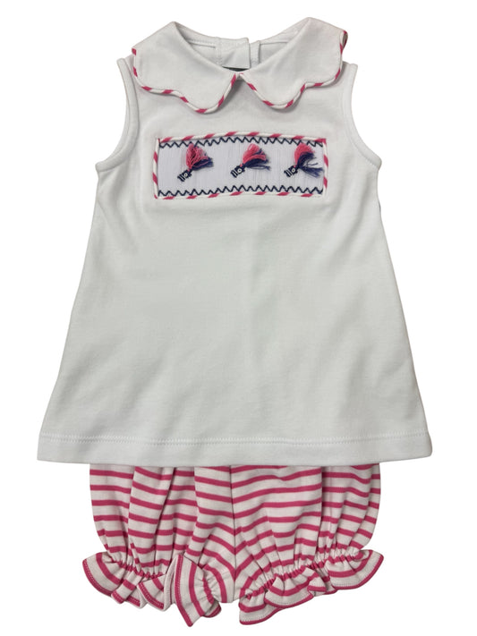 White bloomer set with pink and navy fishing lures and pink and white striped bloomer shorts 