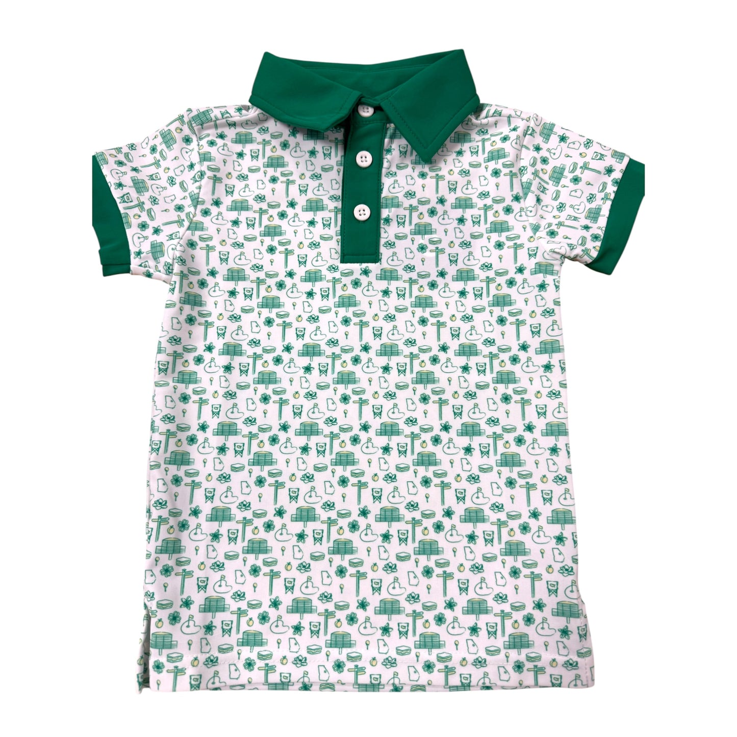 Golf polo with white background and green collar and details with golf pattern designs 