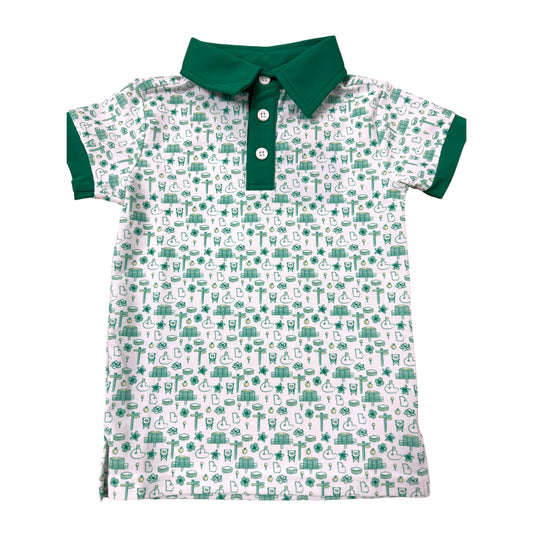 Golf polo with white background and green collar and details with golf pattern designs 