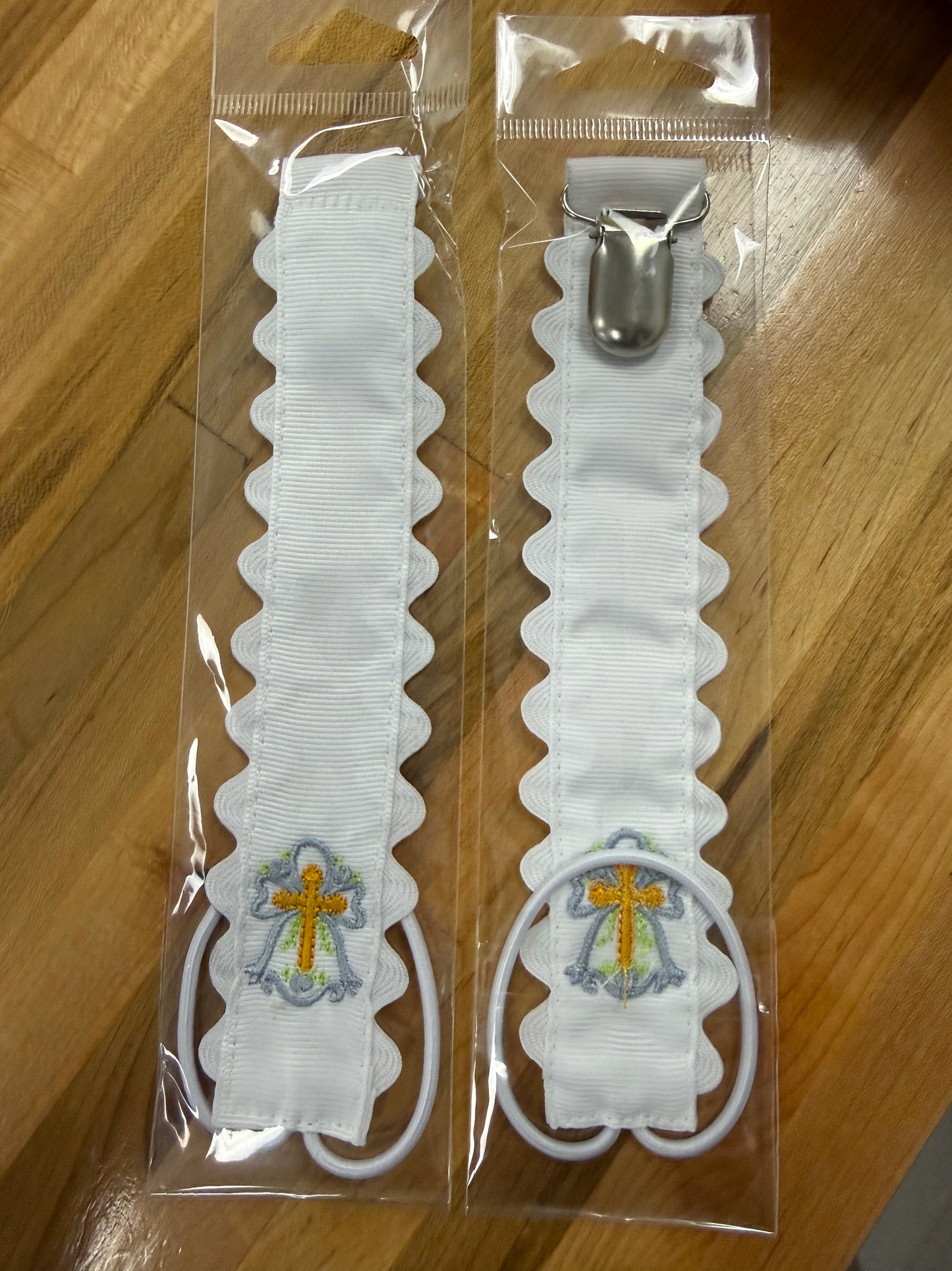 Blue Cross scalloped pacifier holder with metal clip 