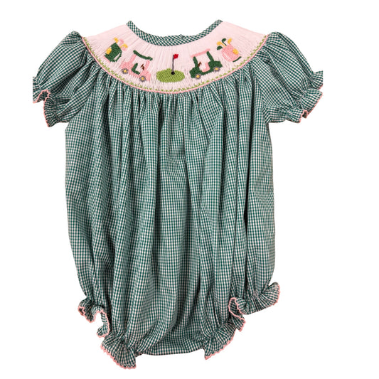 Green checkered baby bubble smocked with golf theme 