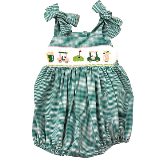 Green checkered smocked baby romper with bow straps and golf-themed design 