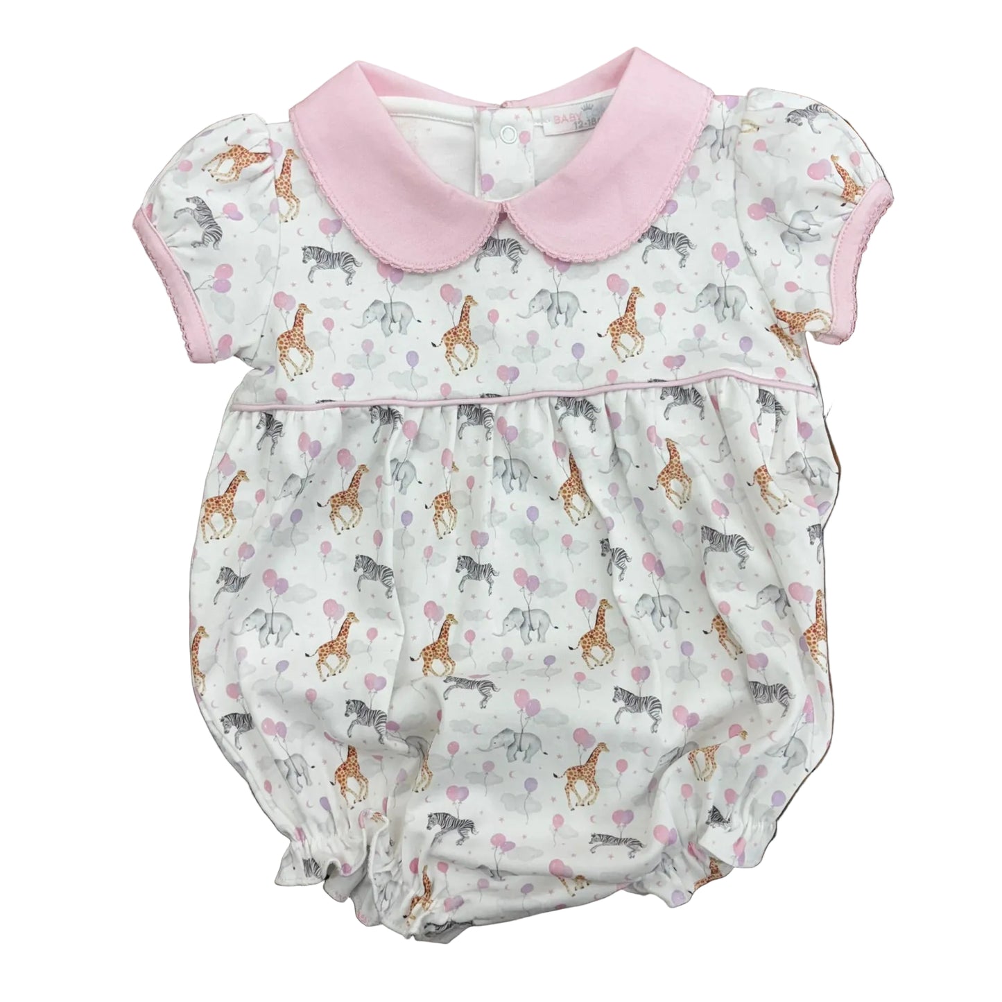 Baby girl's bubble with a pink collar and trim and an allover pattern of zebras, giraffes and elephants with balloons. 