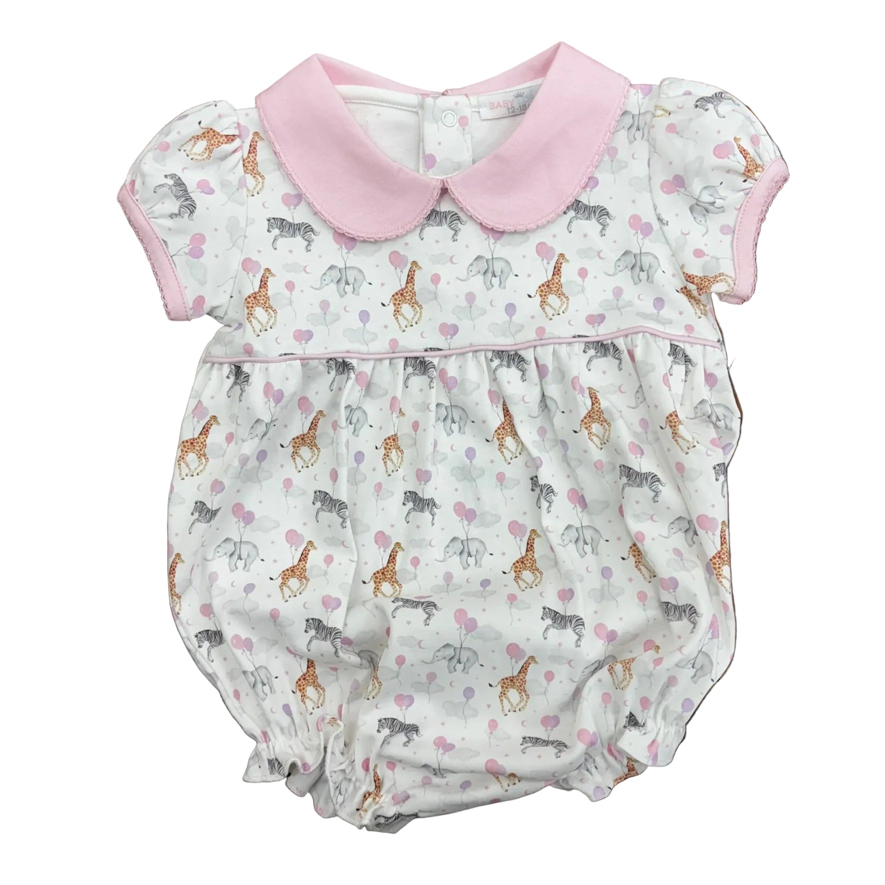 Baby girl's bubble with a pink collar and trim and an allover pattern of zebras, giraffes and elephants with balloons. 
