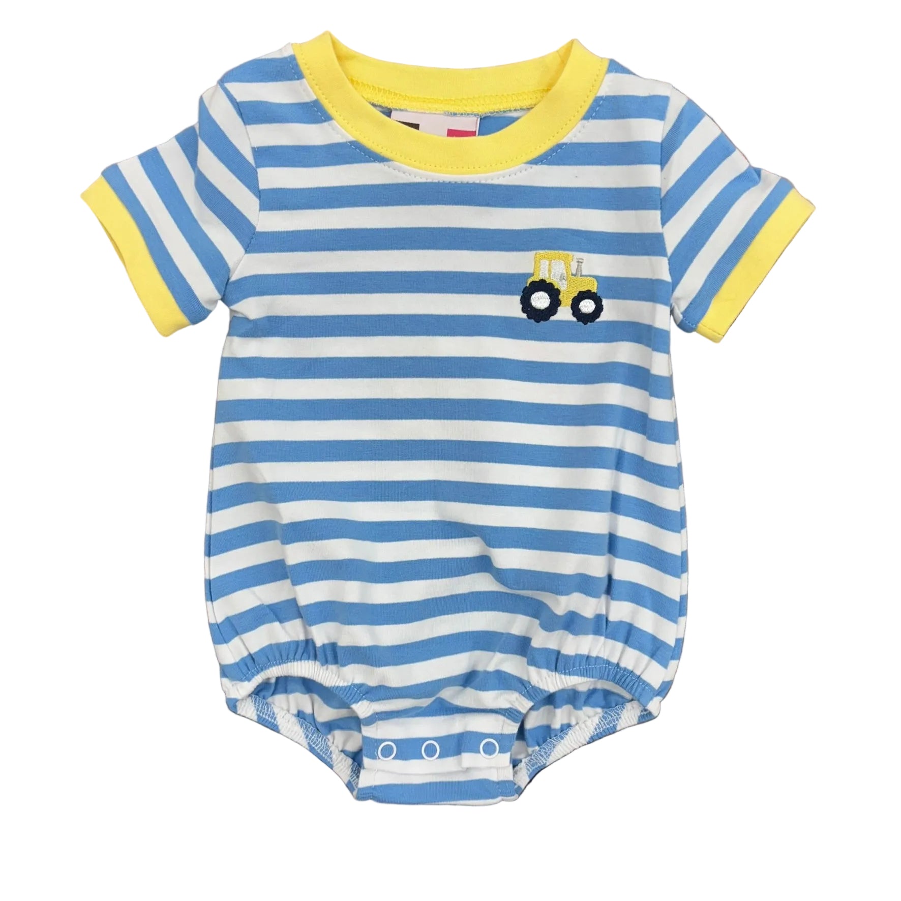 Blue and white striped bubble with yellow trim and embroidered tractor.