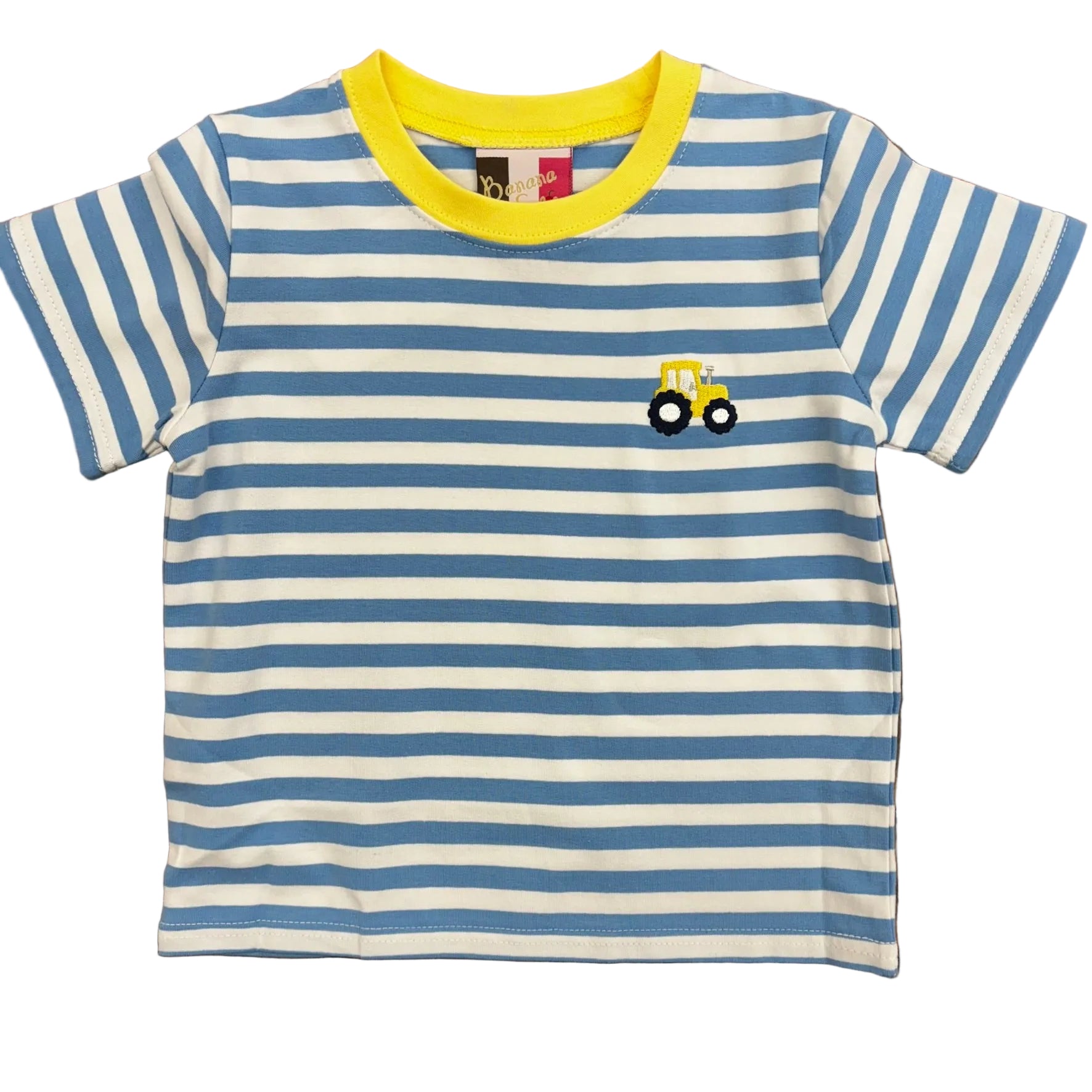 Blue and white striped t-shirt with yellow trim and an embroidered tractor.