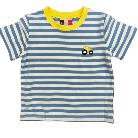 Blue and white striped t-shirt with yellow trim and an embroidered tractor.