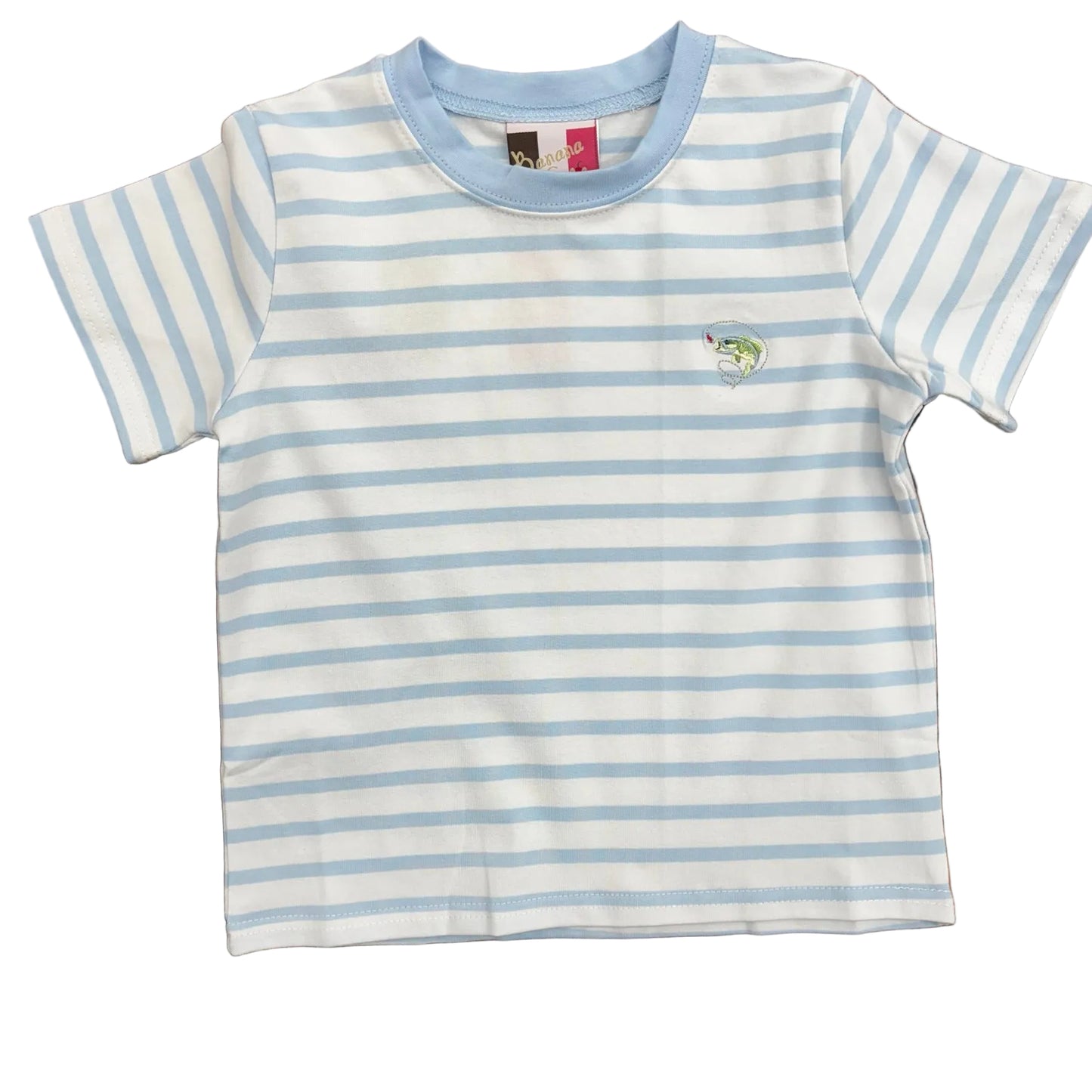 Blue and white striped t-shirt with embroidered bass fish design.