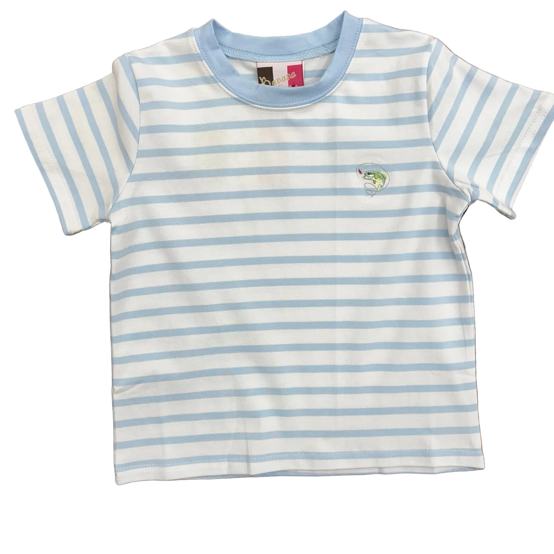 Blue and white striped t-shirt with embroidered bass fish design.