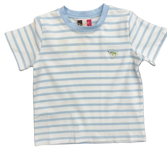 Blue and white striped t-shirt with embroidered bass fish design.