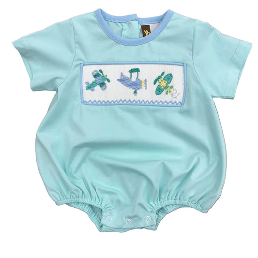 Light blue bubble with smocked and embroidered airplane design.