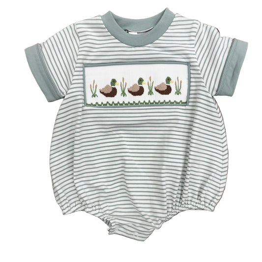 Pale green and white striped bubble with smocked and embroidered mallard design.
