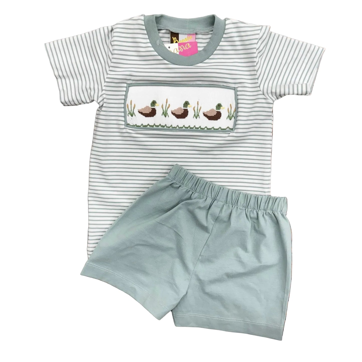 Light green and white striped t-shirt with smocked and embroidered mallard design and matching light green shorts.