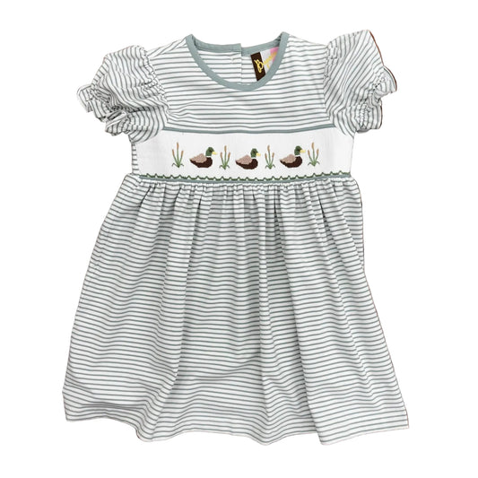 Light green and white striped dress with smocking and embroidered mallard design.
