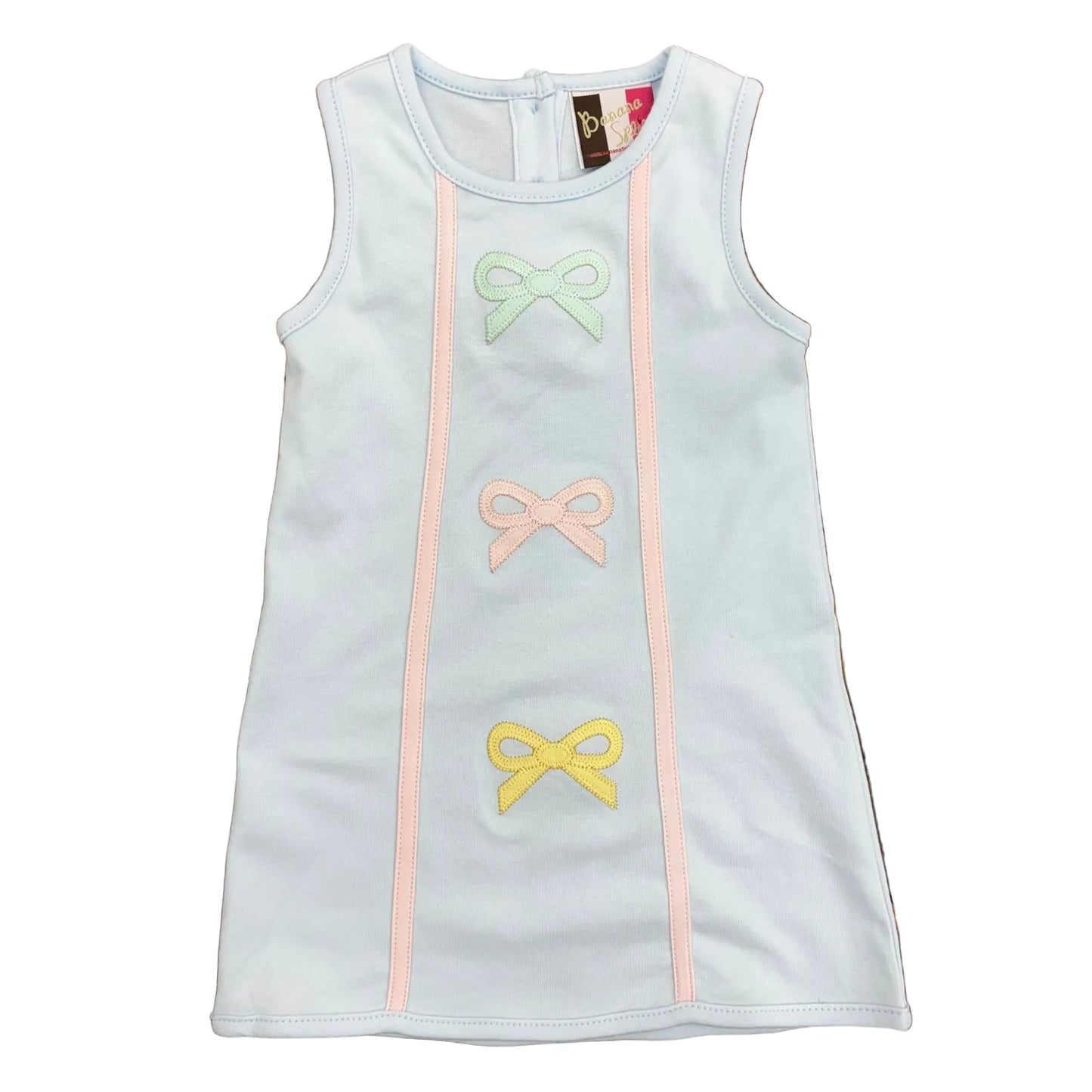 Light blue sleeveless dress with bow design.