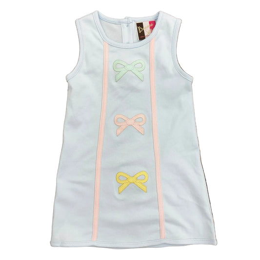 Light blue sleeveless dress with bow design.