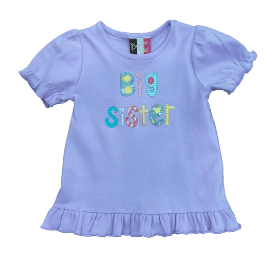 Pale purple shirt with ruffled sleeves and bottom trim and Big Sister applique.