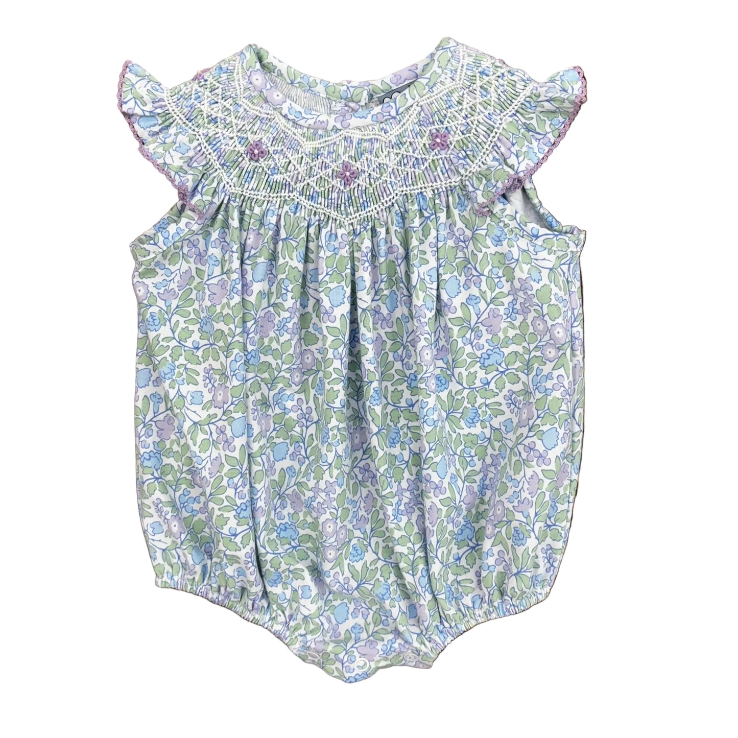 Lilac floral print bubble with a smocked neckline and ruffle sleeves.