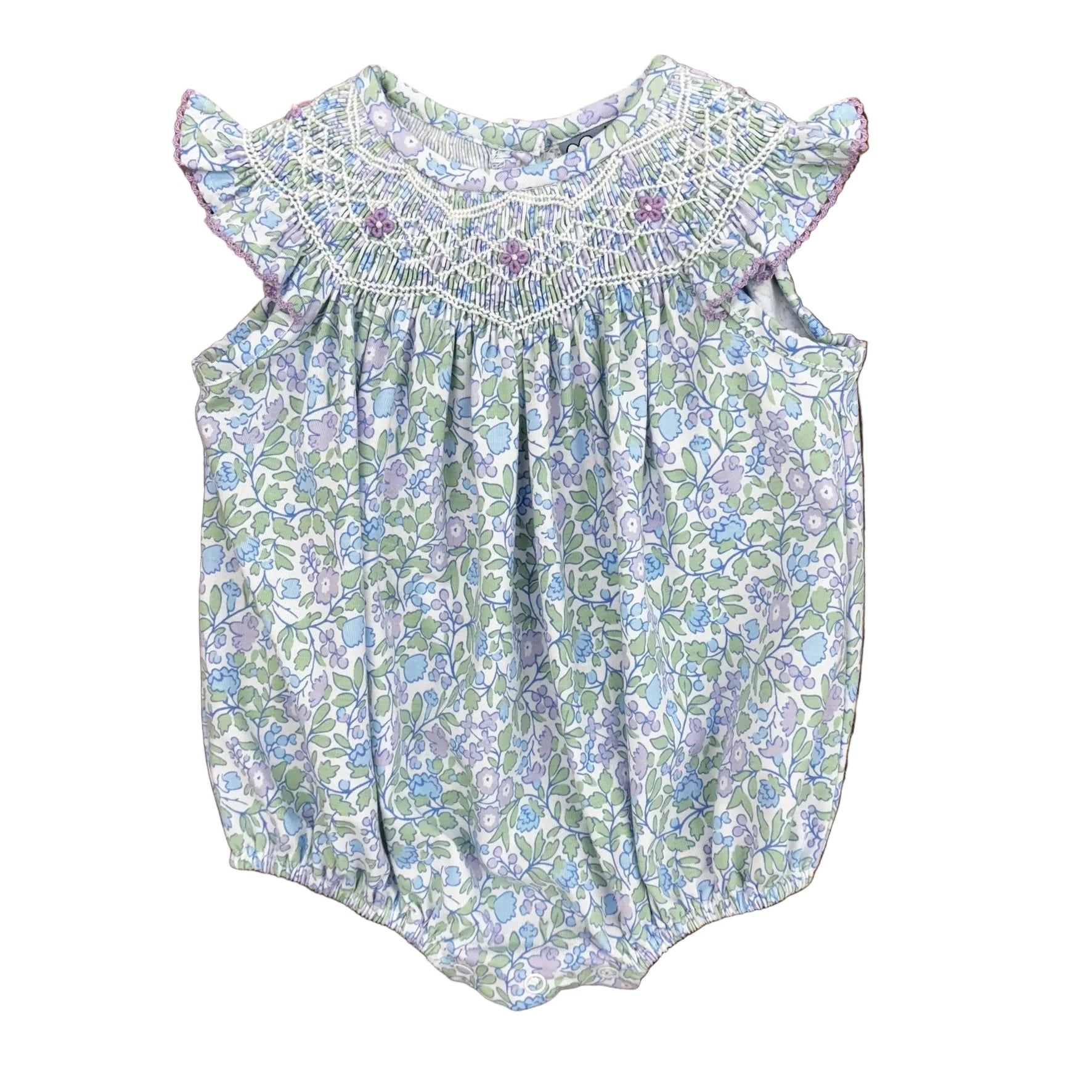 Lilac floral print bubble with a smocked neckline and ruffle sleeves.