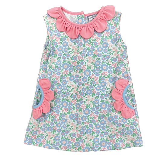 Blue and pink floral dress with pink scalloped trim on the collar and sides (happy daisy!).