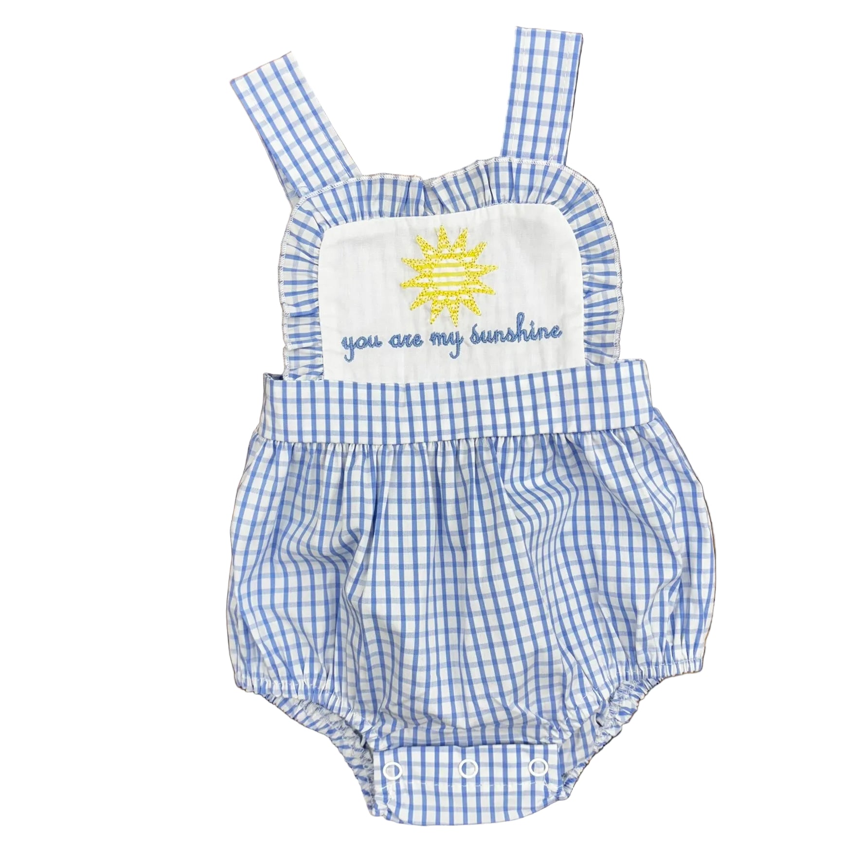 Blue checked bubble with ruffle trim on the bib and a sun + "you are my sunshine" embroidery.