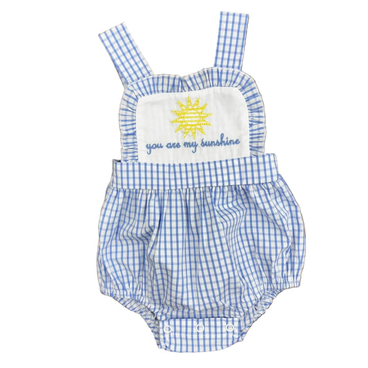 Blue checked bubble with ruffle trim on the bib and a sun + "you are my sunshine" embroidery.