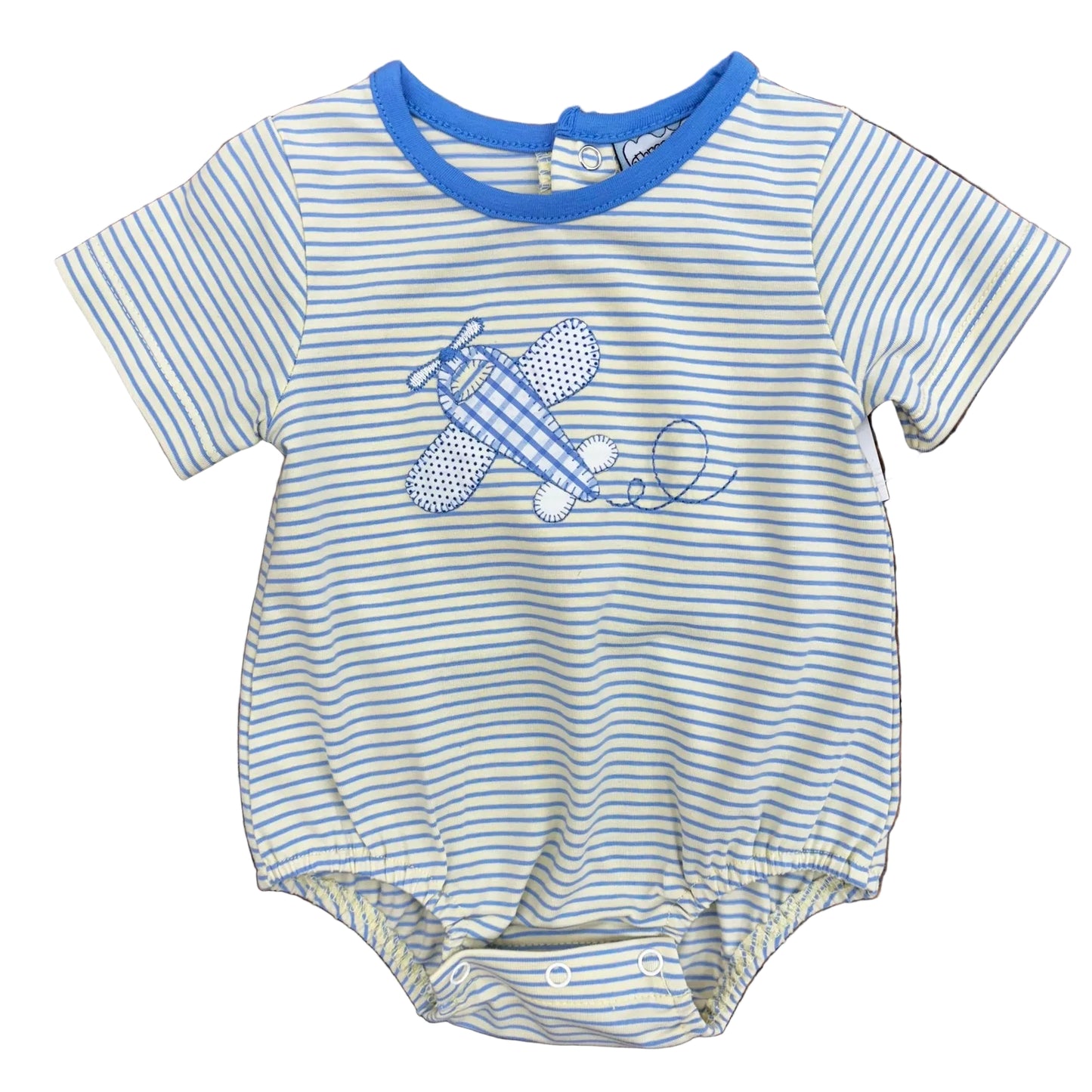 Blue striped bubble on pale yellow background with airplane applique and embroidery. Short sleeves, blue trim around collar.