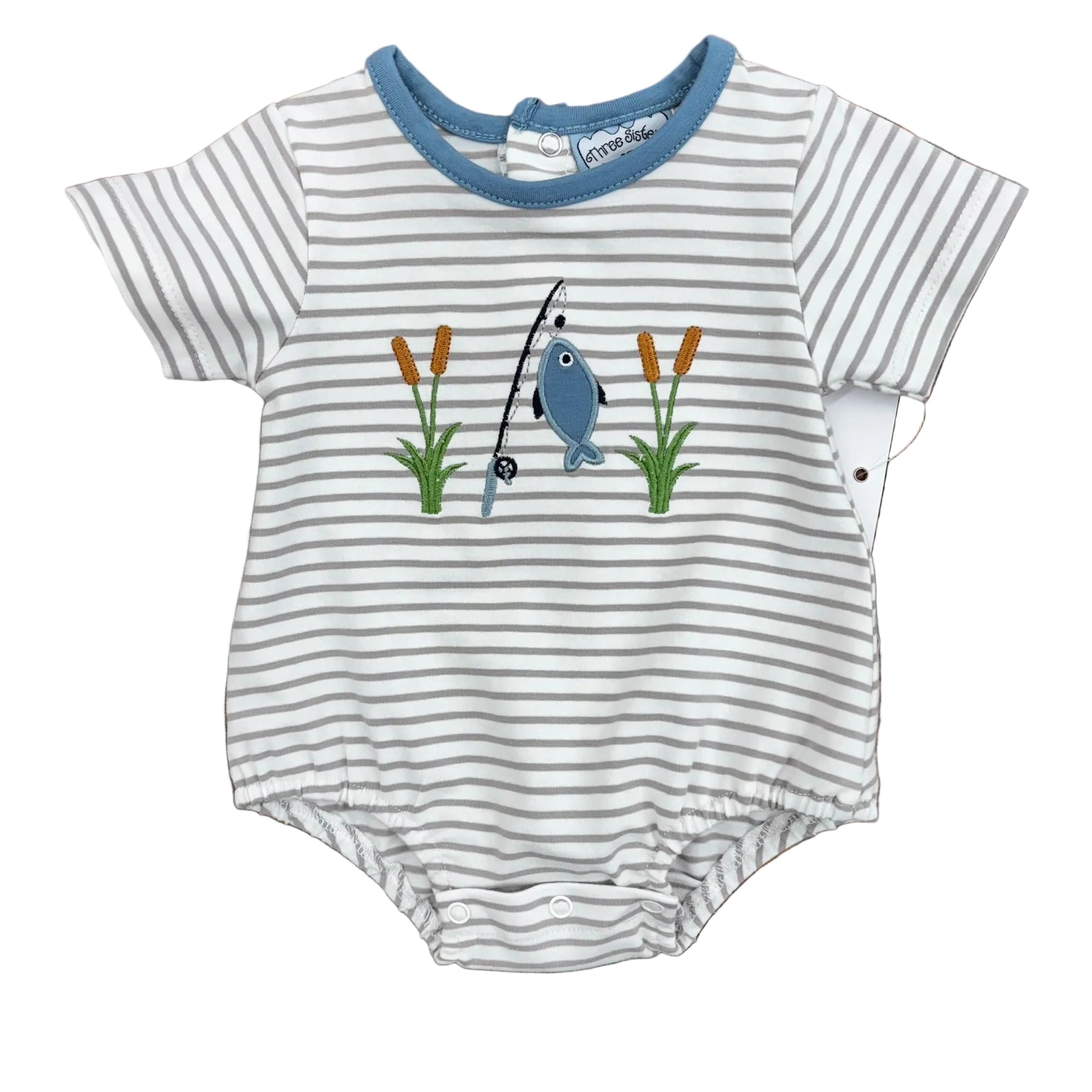 Grey/taupe striped bubble with fish applique.