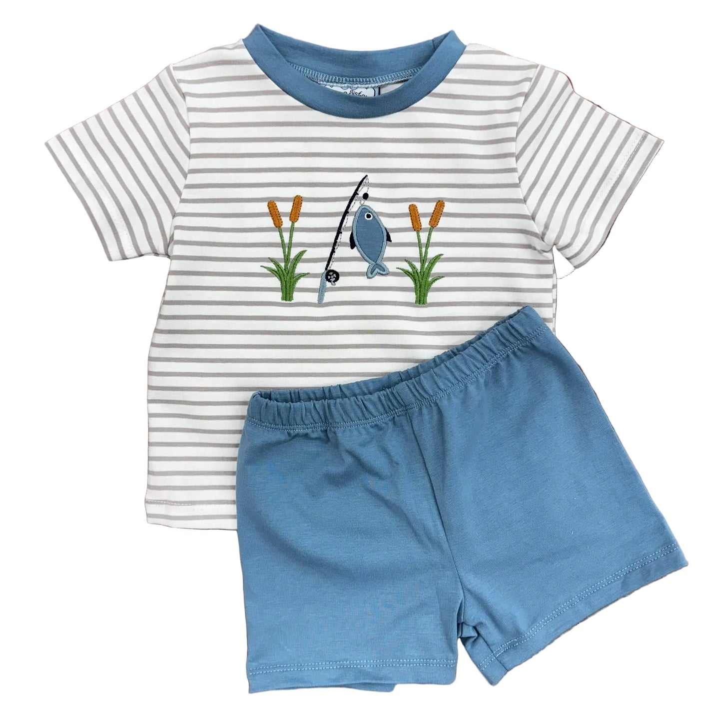 Grey/taupe striped shirt with fishing applique.  Short sleeves, steel blue trim around the collar and matching blue shorts.