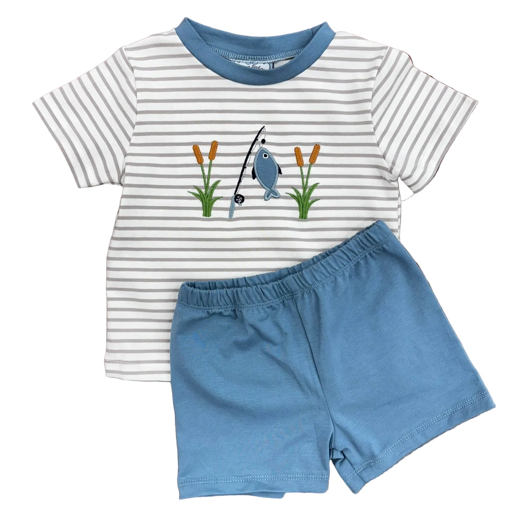 Grey/taupe striped shirt with fishing applique.  Short sleeves, steel blue trim around the collar and matching blue shorts.
