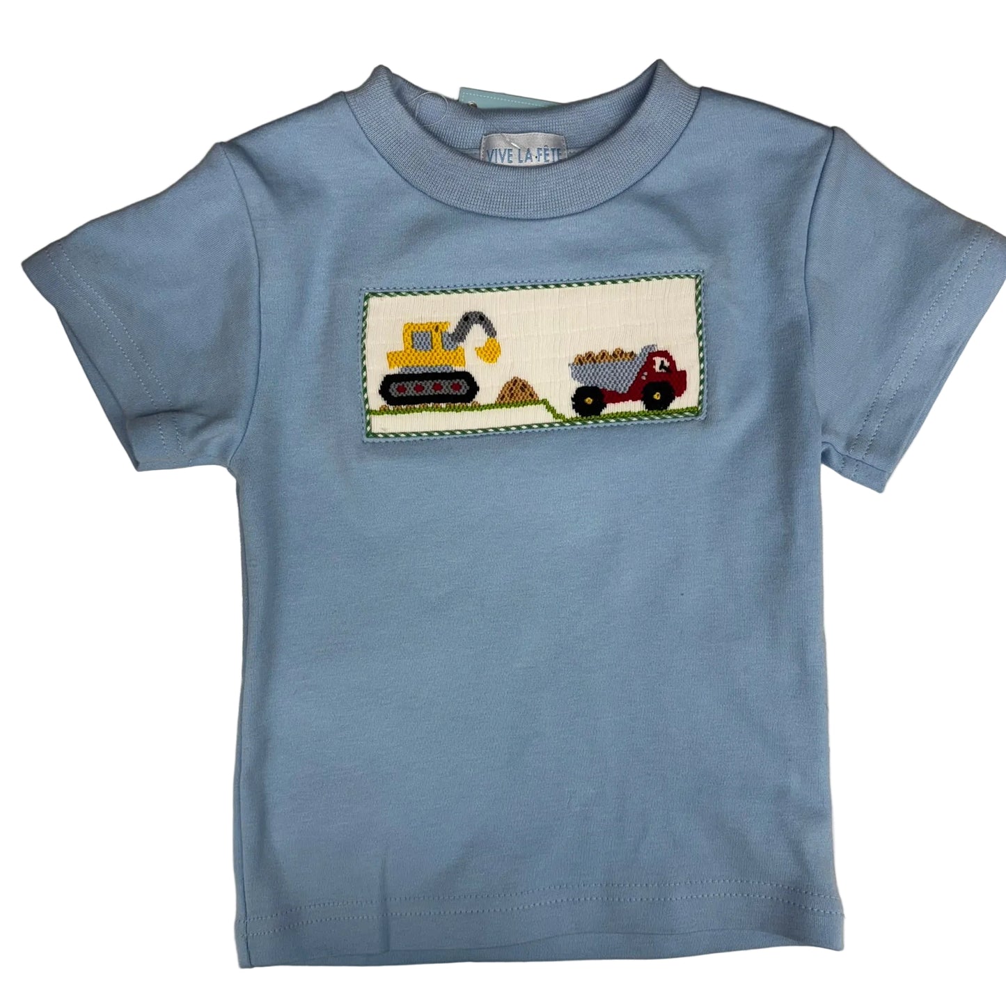 Light blue short sleeve tshirt with a smocked construction design in the center chest.