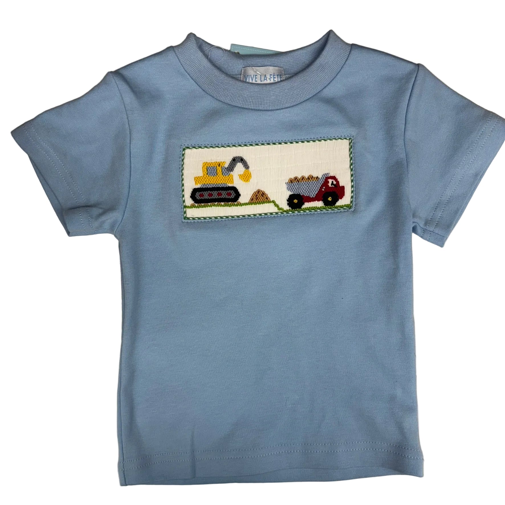 Light blue short sleeve tshirt with a smocked construction design in the center chest.