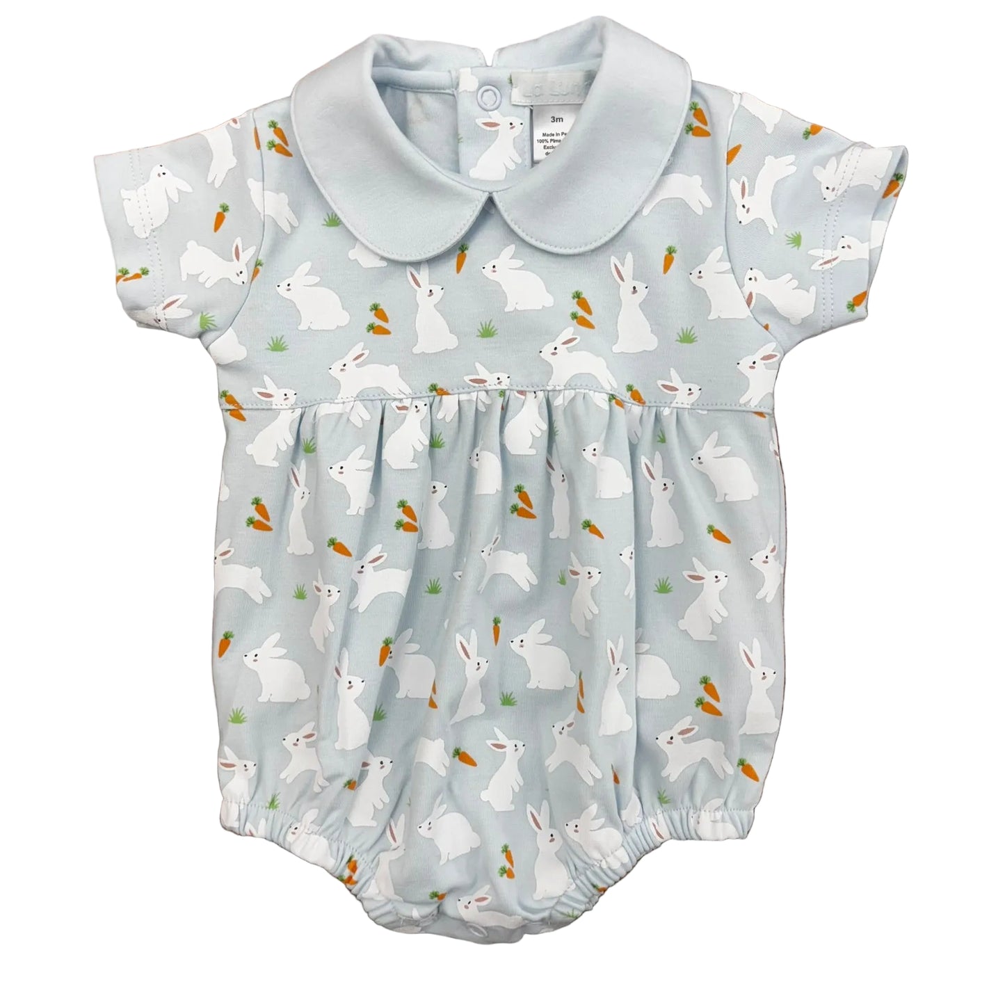 Baby boy bubble with overall bunny and carrot design on a pale blue background.