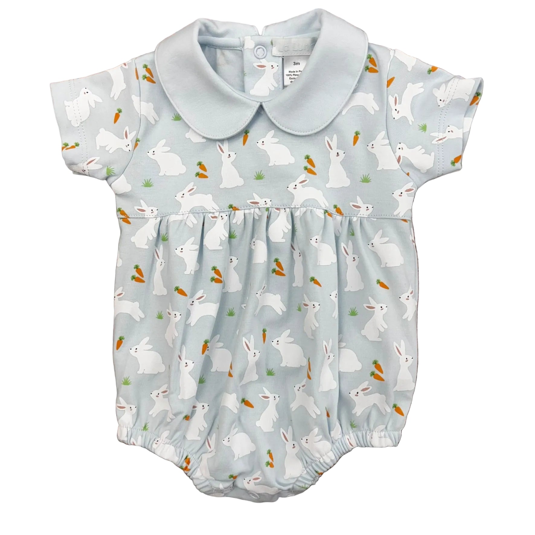 Baby boy bubble with overall bunny and carrot design on a pale blue background.