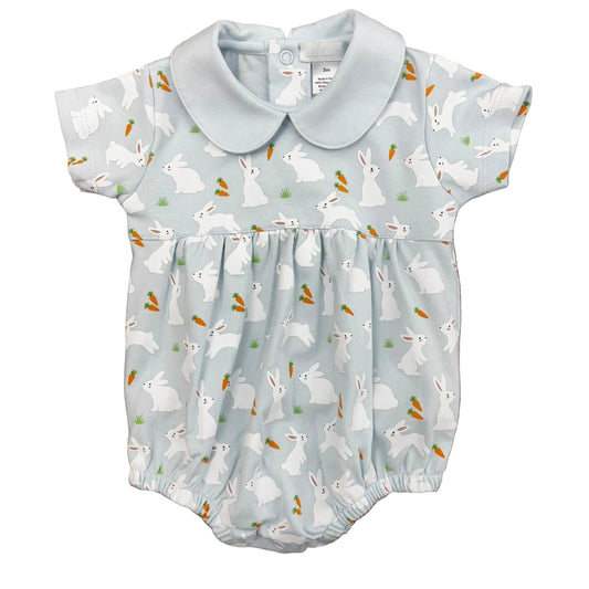 Baby boy bubble with overall bunny and carrot design on a pale blue background.