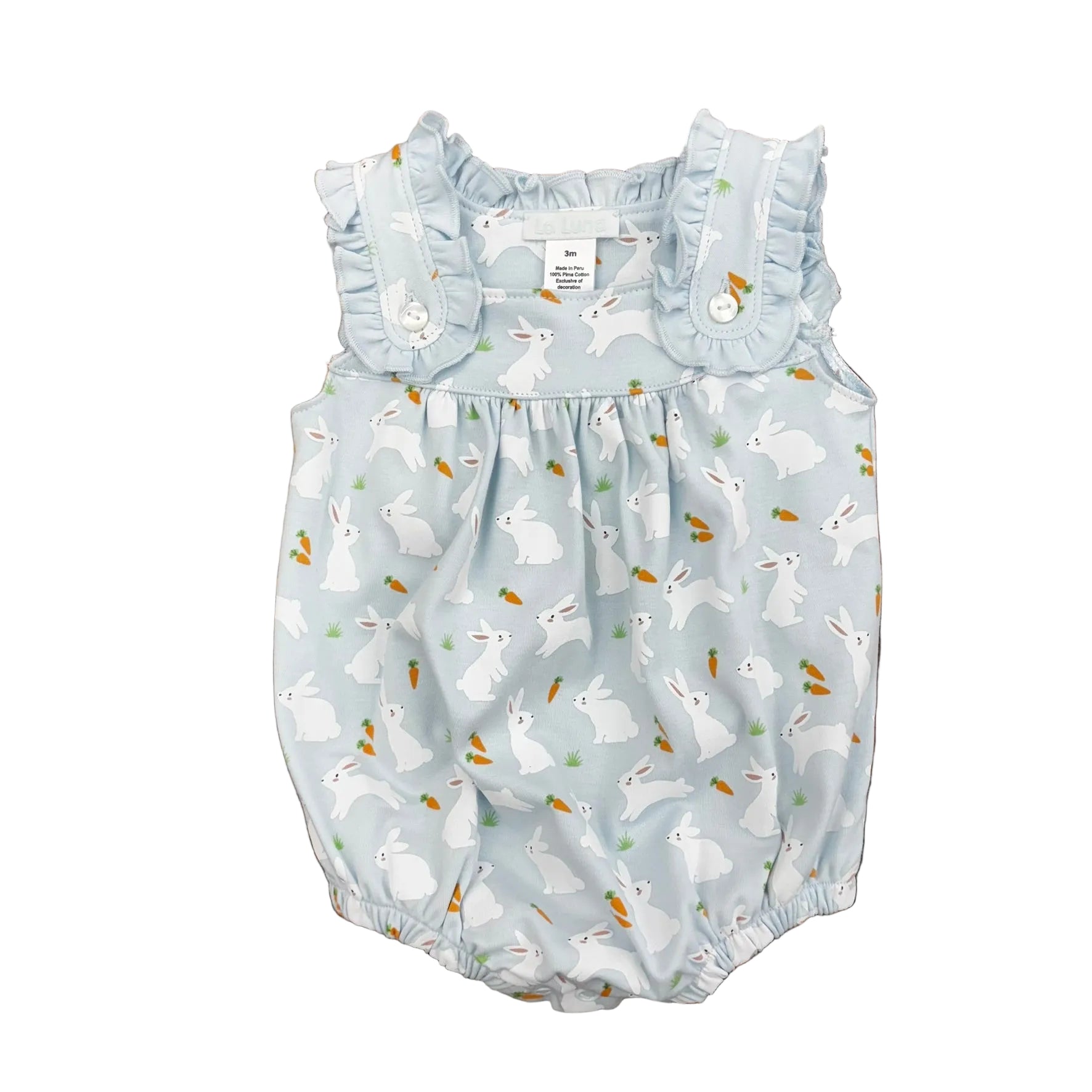 Baby girl bubble with ruffle straps and a bunny and carrot design on a pale blue background.