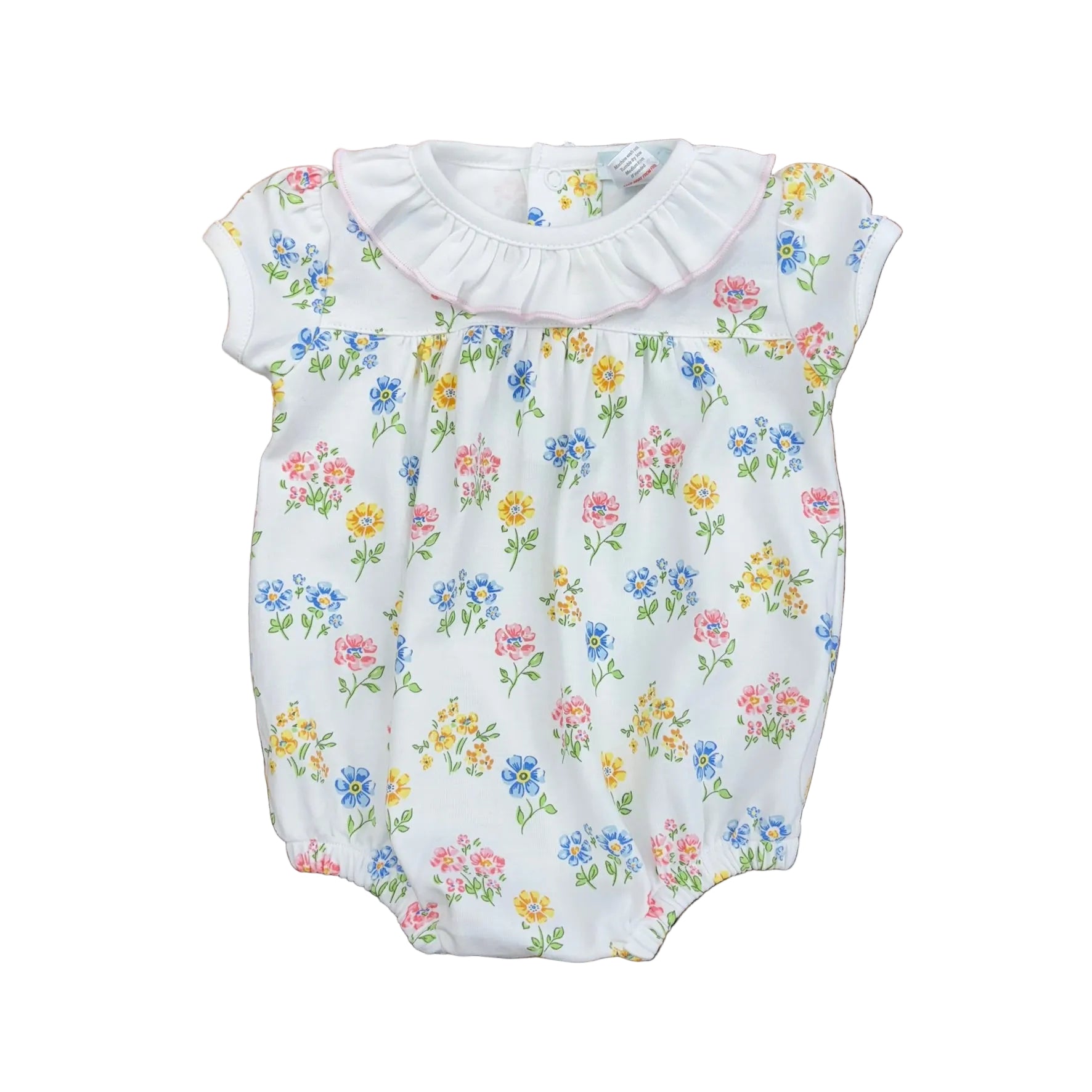 Baby girl's bubble with a ruffle collar and pink yellow and blue flowers on a white background.