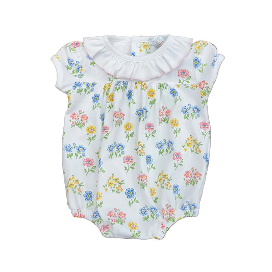 Baby girl's bubble with a ruffle collar and pink yellow and blue flowers on a white background.