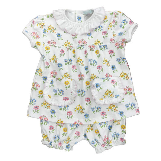 Baby girl's bloomer set with a ruffle collar and pink, yellow and blue flowers on a white background.