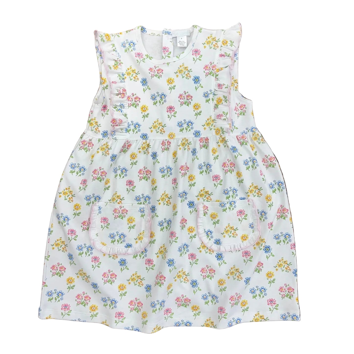 Pink, yellow and blue flowers on a white dress with ruffled patch pockets.