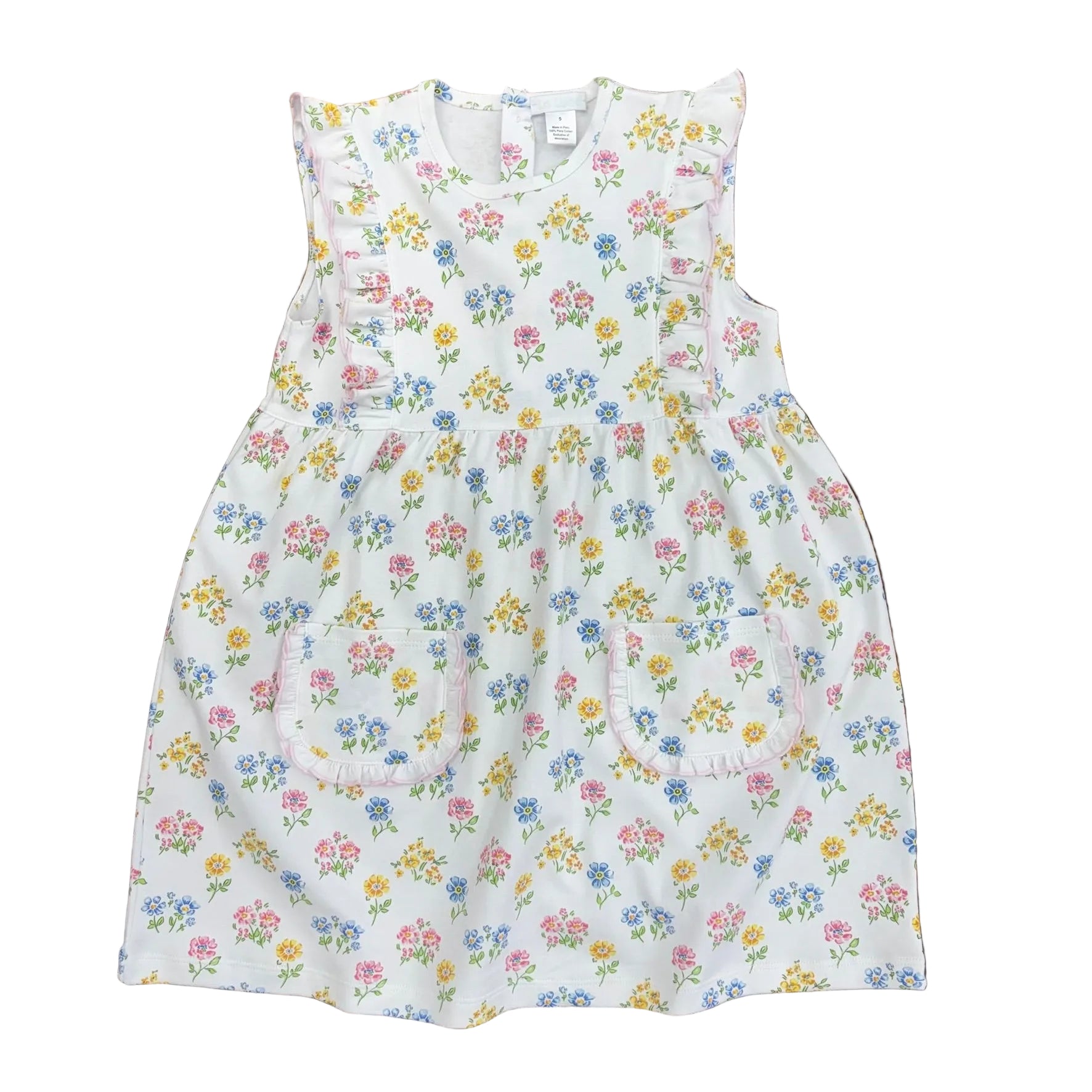 Pink, yellow and blue flowers on a white dress with ruffled patch pockets.